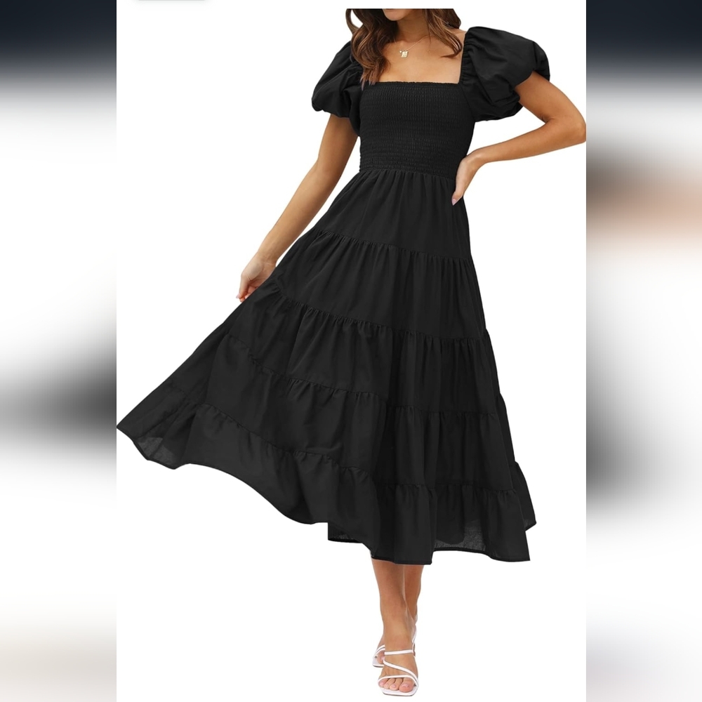 Black short puff sleeve smocked square neck midi dress